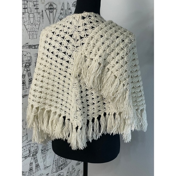 Handmade Crochet Shawl Metallic Sparkle Ivory Fringe Boho Wrap - Picture 3 of 11